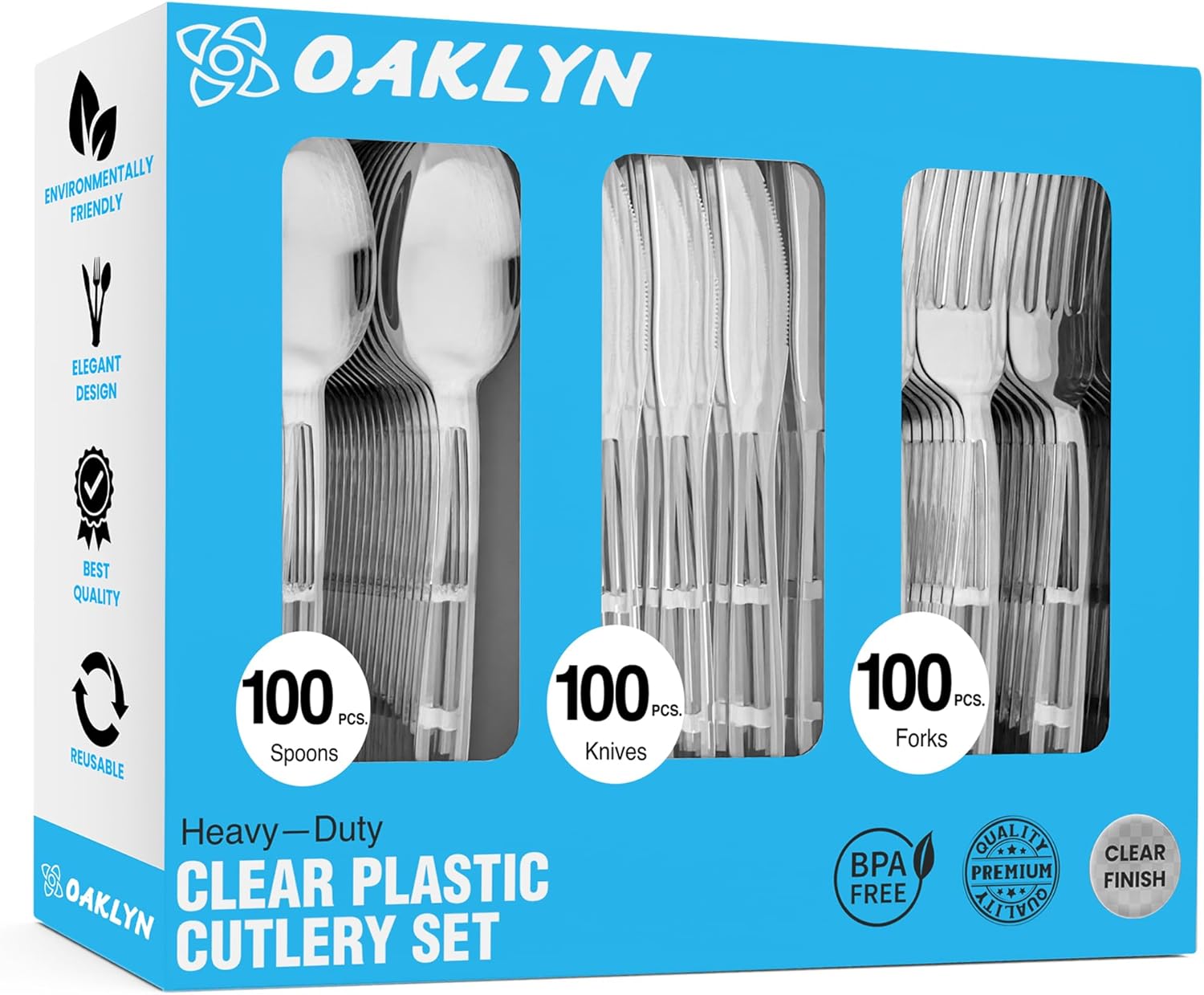 Heavy Duty Clear Plastic Cutlery Set (Heavy Duty, 100 Forks 100 Spoons 100 Knives300 Count
