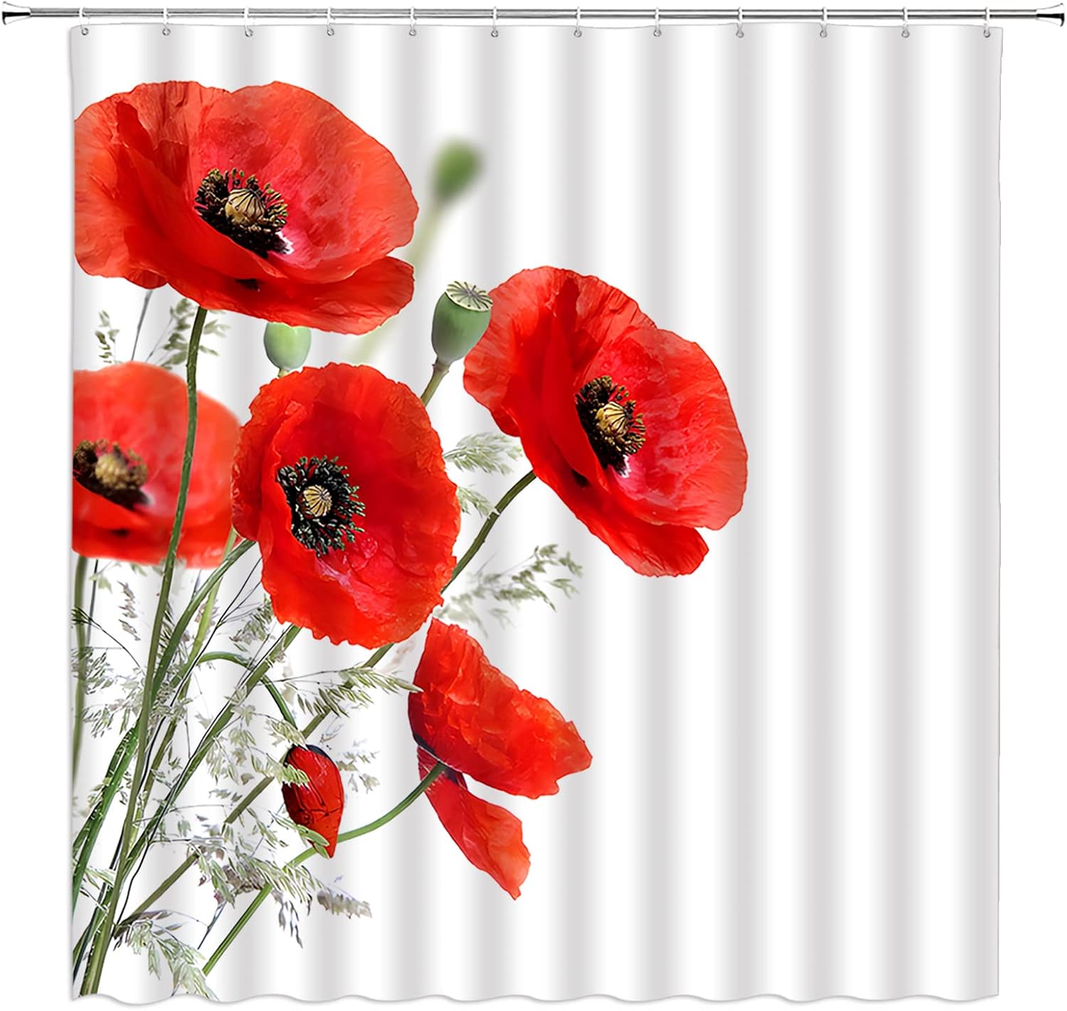 Poppy Shower Curtain Red Flower Poppies Floral Vintage Floral Pastoral Flowers Nature Botany Bouquet Retro Fabric Bathroom Decor with Hooks(74.8" Wx70 H)