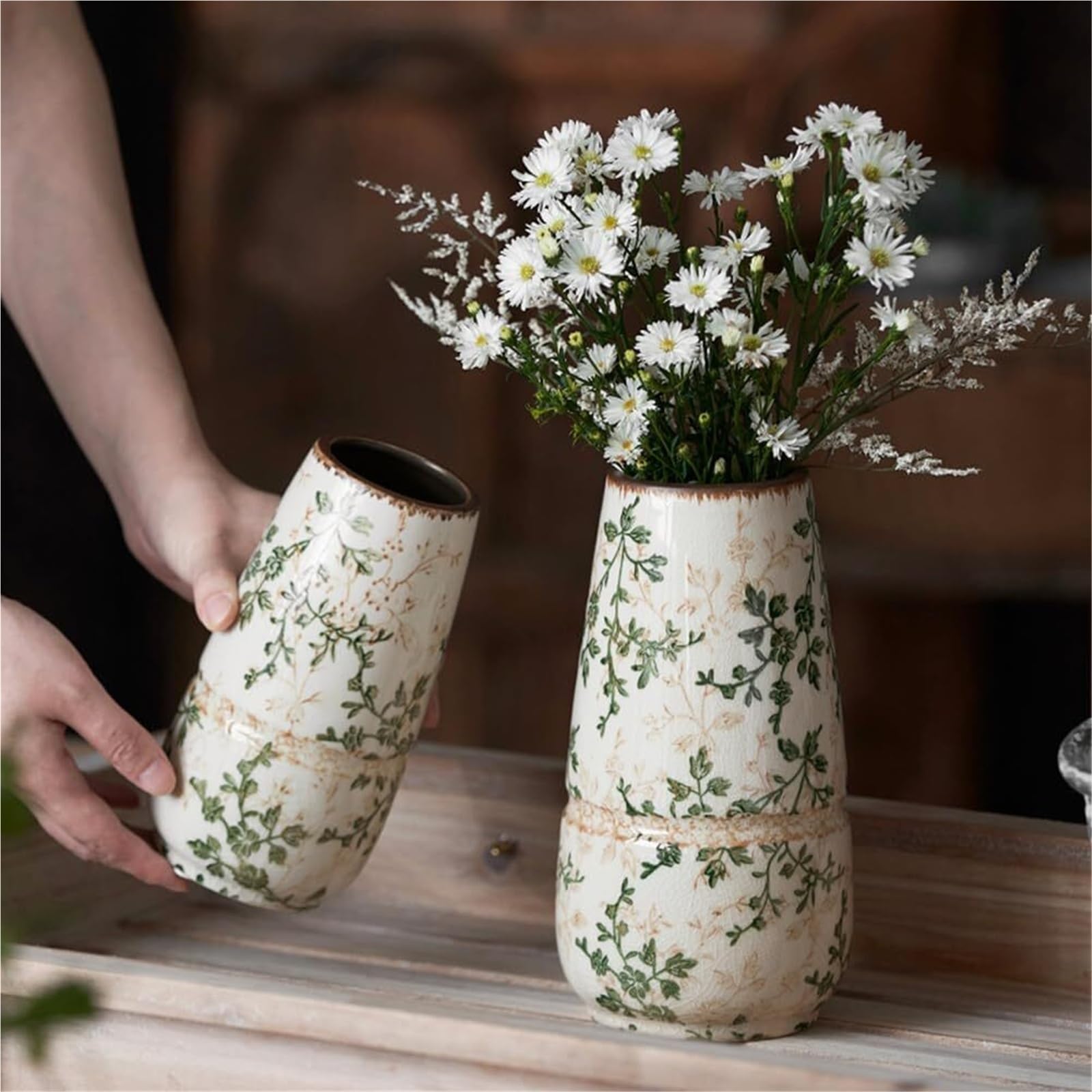 Ładny wazon ceramiczny zielony wazon kwiatowy Chinoiserie Crackle porcelanowe wazony na dekoracje stołu centralne półki (J1)