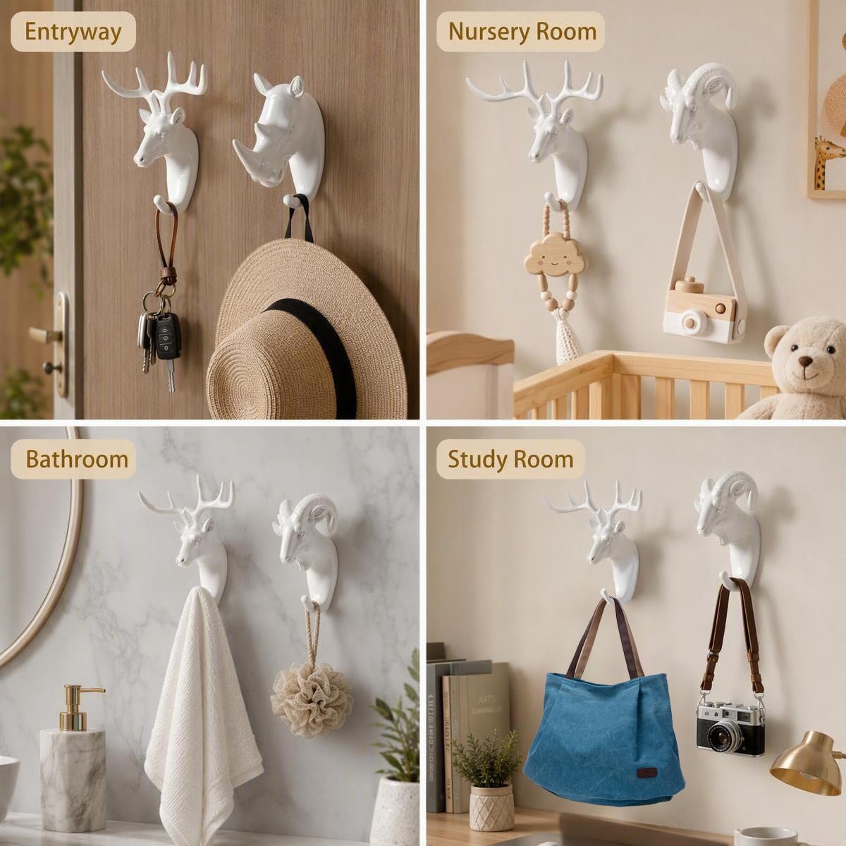 Delightful 6 Pack Animal Head Decorative Wall Hooks - Practical Lightweight Utility Wall Mount Hooks for Keys, Hats & Jewelry - Charming Aesthetic Wall Decor for Nursery, Bedroom, Bathroom & Dorm image 3