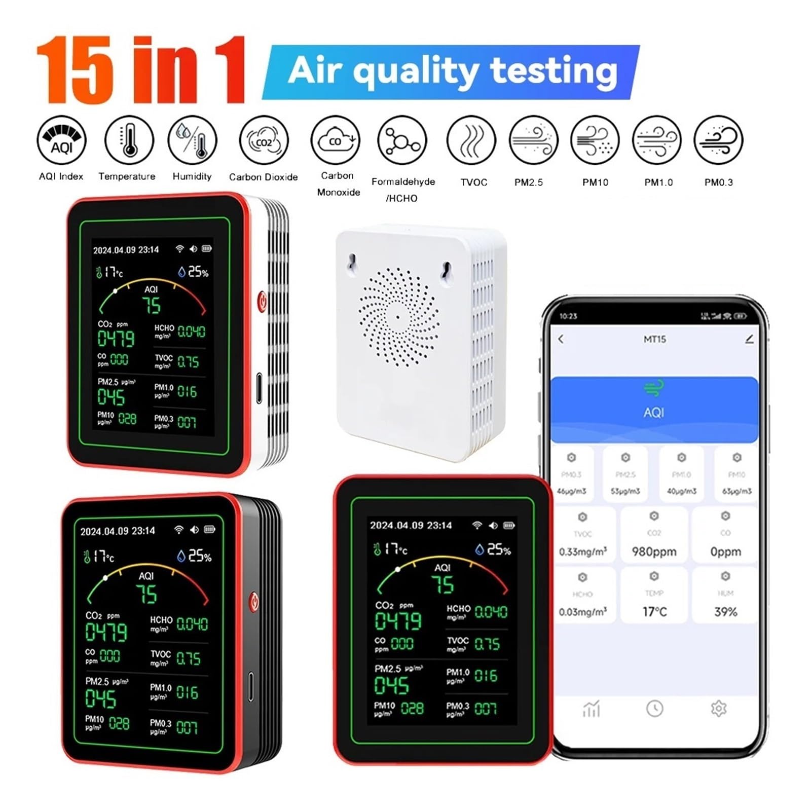 Monitor de calidad del aire, Detector De Calidad Del Aire WiFi 15 En 1, Pantalla TFT, Portátil For El Hogar, PM0.3 PM1.0 PM2.5 PM10 CO CO2 TVOC HCHO(Black)