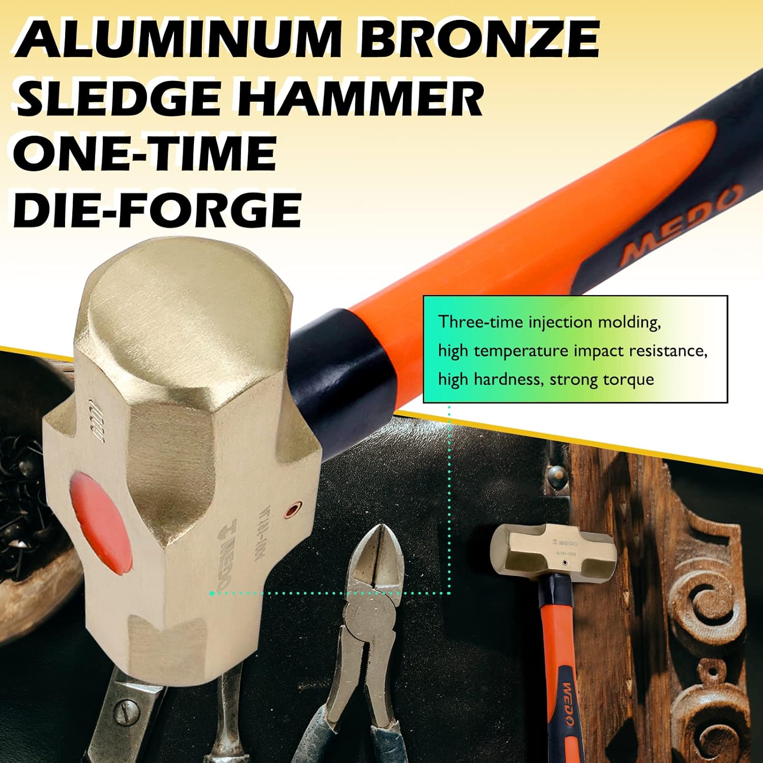 WEDO Non-Sparking Sledge Hammer 1500g(3.3 lb) Head, Spark-free Safety Sledge Hammer, Die-Forge, Corrosion Resistant, DIN BAM Standard, Aluminum Bronze, 400mm Length