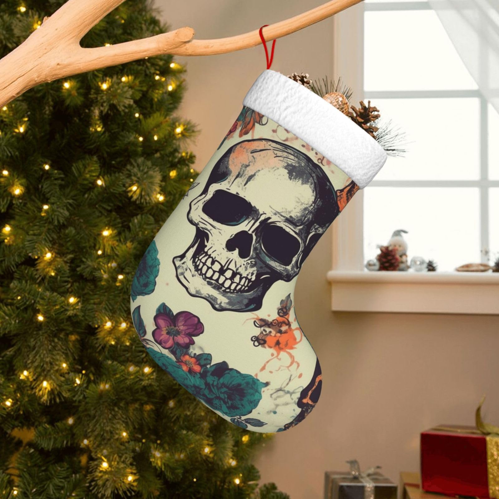 Velvet Christmas Stockings 17.7 Inch, Skull Flower Xmas Stocking with Soft Cuff,Classic Personalized Christmas Tree Decoration for Family Holiday New Year Party Supplies