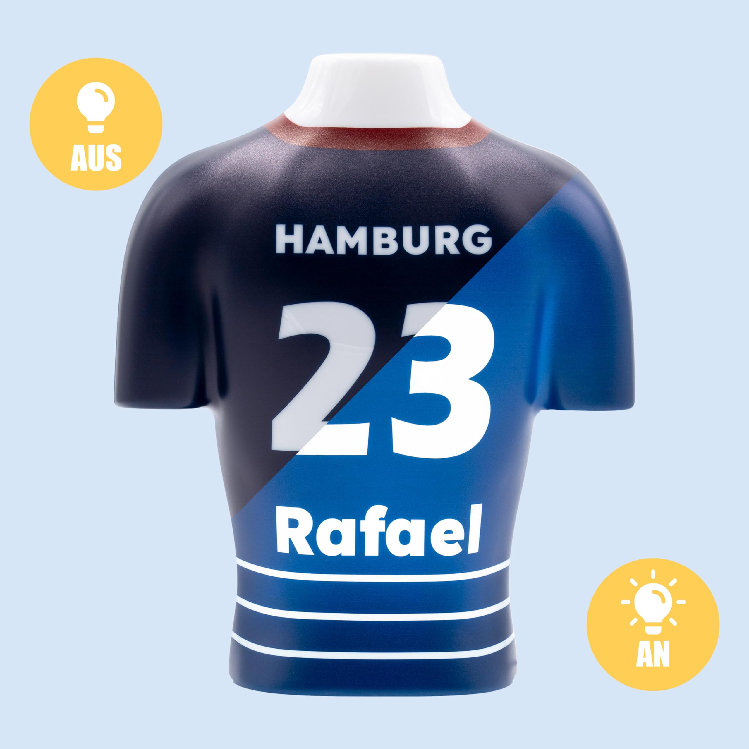 Fussball Trikot Lampe mit Namen – LED Nachtlicht Kinder, personalisierte Geschenke für Männer, Einzigartige Wanddeko für Fussball-Fans, Fußball Sachen für Jungen [Blau-Weiß | 25x30 cm]