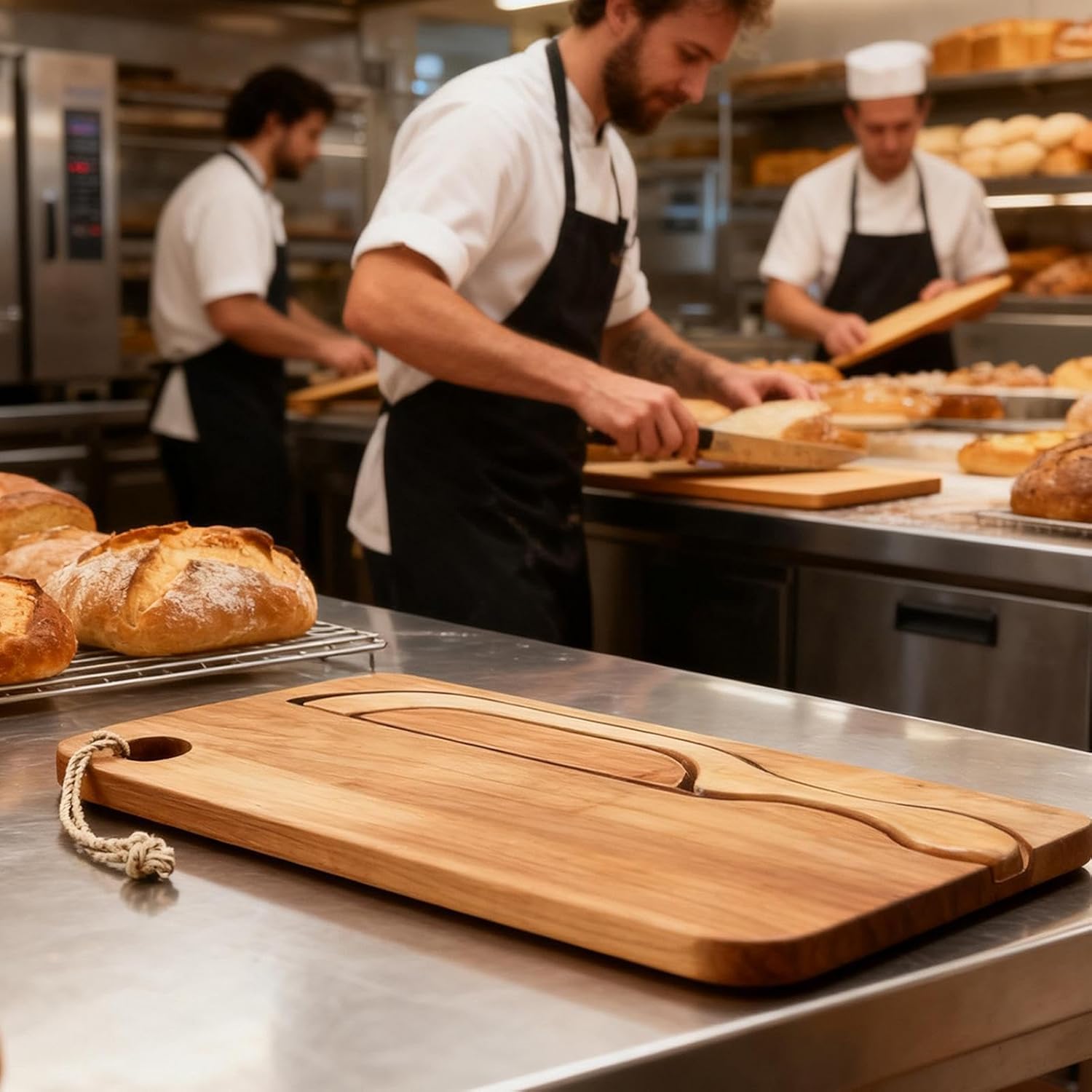 Bread Slicer for Homemade Bread,15.35in Stainless Steel Bow-Shaped Cutter,Wood Slicing Board Set,for Left And Right Hands Baguettes and More Cuts Thin