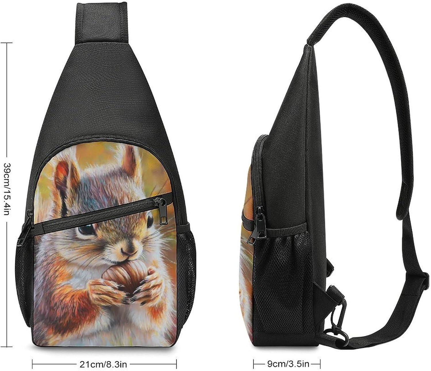 Squirrel Vintage Oil Painting Crossbody Sling Backpack Chest Bag Daypack | unisex,trendy,with convertible and detachable shoulder strap,side pockets