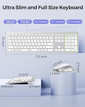 seenda Wireless Keyboard and Mouse Combo for Windows PC, Laptop, Mac, iPad, Bluetooth & 2.4G 3-Device Multi-Connection, Ultra Slim Full Size Quiet Keyboard, Adjustable DPI Mouse, Silver