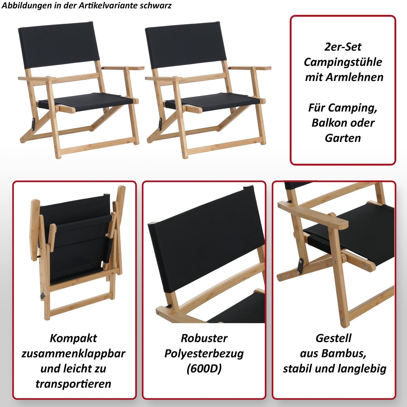 Mendler Zestaw 2 bambusowych krzeseł kempingowych HWC-Q42, krzesło ogrodowe, krzesło balkonowe, krzesło rekreacyjne, składane, materiał / materiał tekstylny, kolor czarny