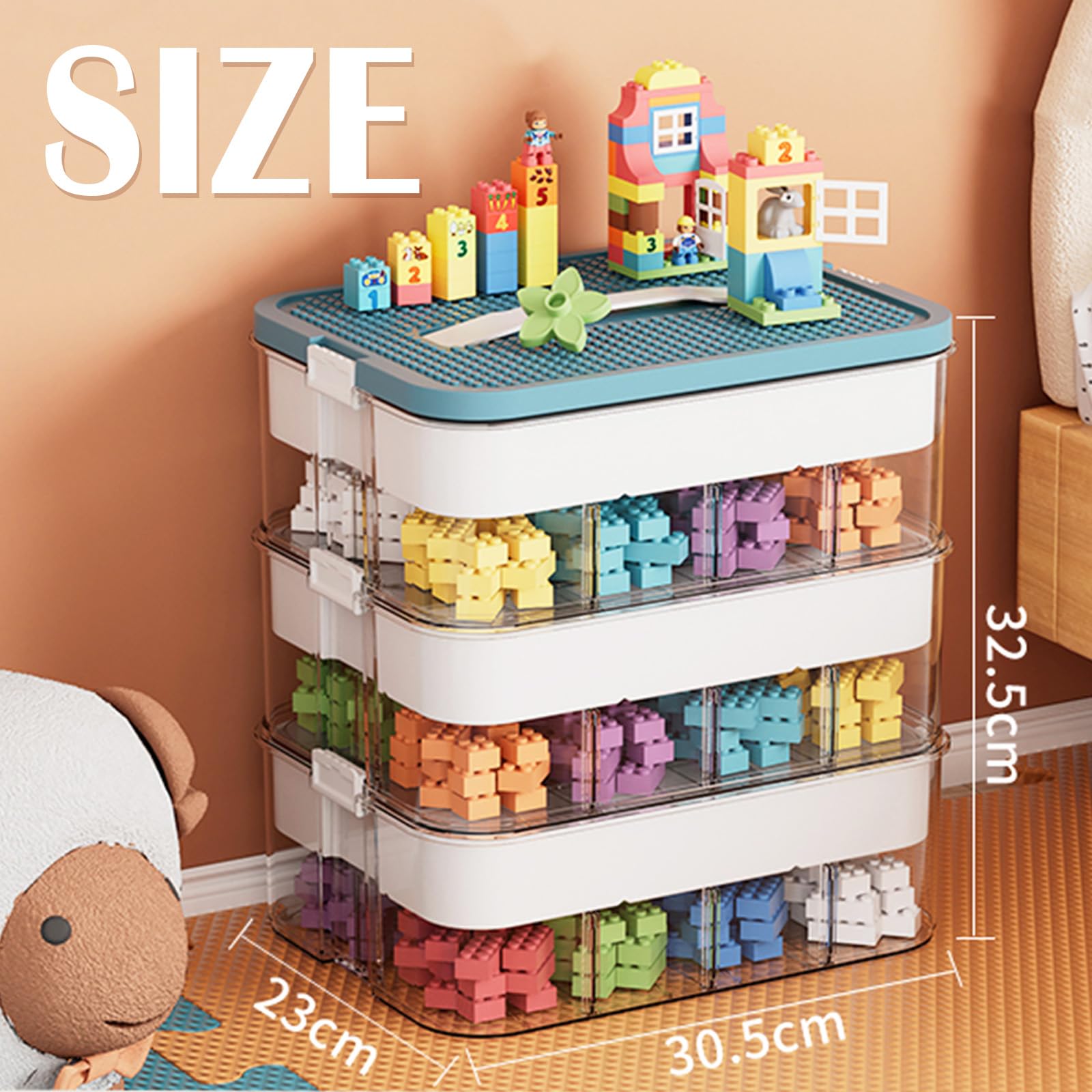 Boite Rangement Plastiquee pour Lego Briques, 3 Couches Boite Rangement avec Couvercle, Jouets Empilable Organiseur Transparent avec Compartiments pour Ranger les Jouets, Coffre a Jouet