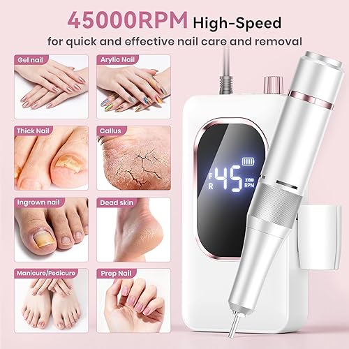 Miniatura 4 de Taladro de uñas eléctrico profesional de 45000 RPM, lima de uñas portátil para uñas de gel acrílicas, kit de taladro de uñas inalámbrico recargable