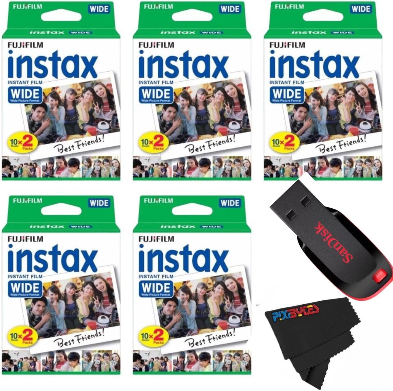 Fujifilm Instax Wide Instant Film Twin Pack with USB and PixiBytes Microfiber Cleaning Cloth... (5 Wide Pack (100 Sheets))