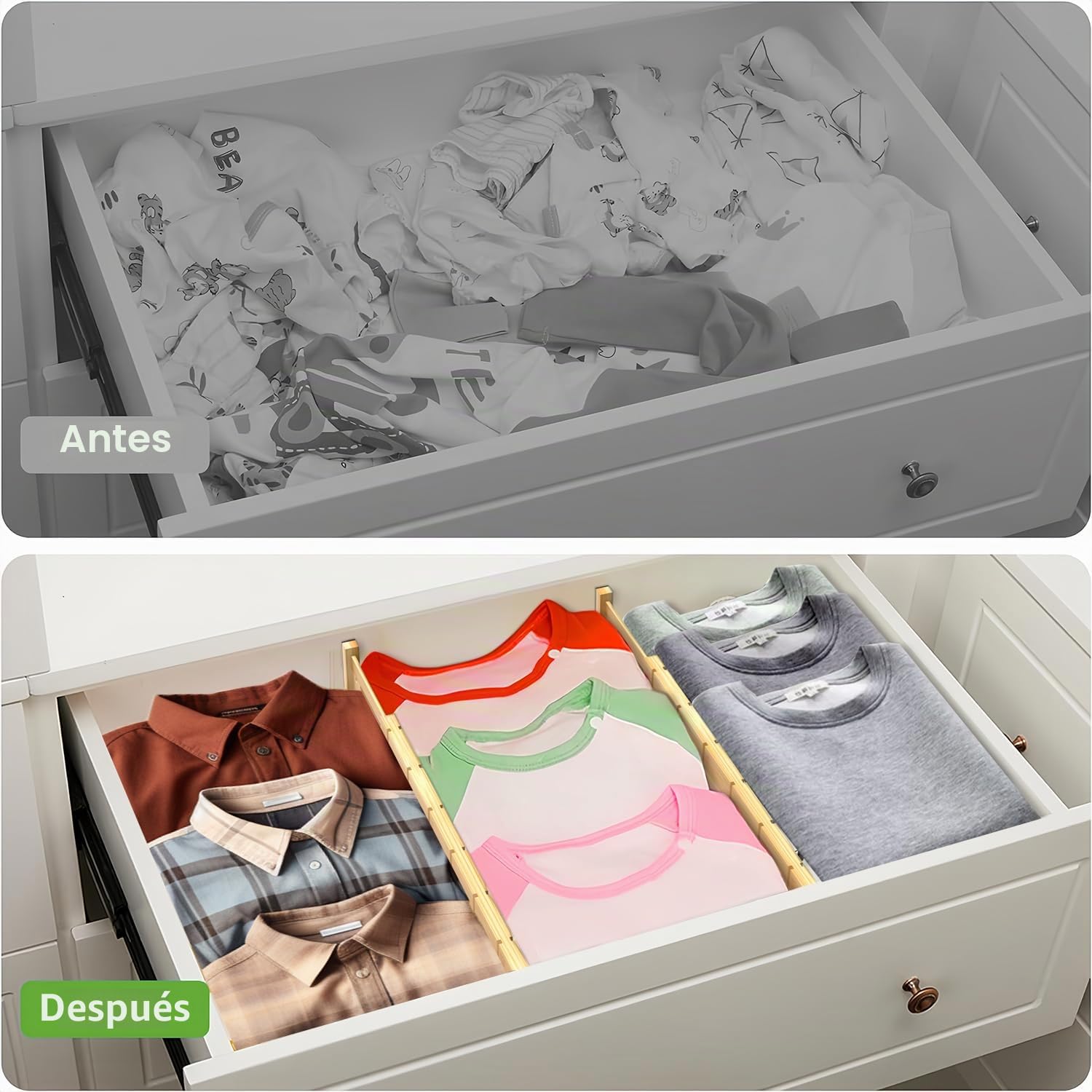 ANTOWIN Paquete de 4 separadores de cajones expandibles, 5,7 cm, se extiende de 43 cm a 56 cm, organizadores de cajones para cocina, dormitorio, oficina, baño (natural)