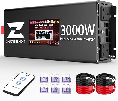3000W Pure Sine Wave inverter 12V DC to 240V AC Power Inverter with 2 UK Sockets, USB Port and LCD Display, for Off-grid, Home, Laptop, RV, Truck, Boat and Camping, 6000W peak power