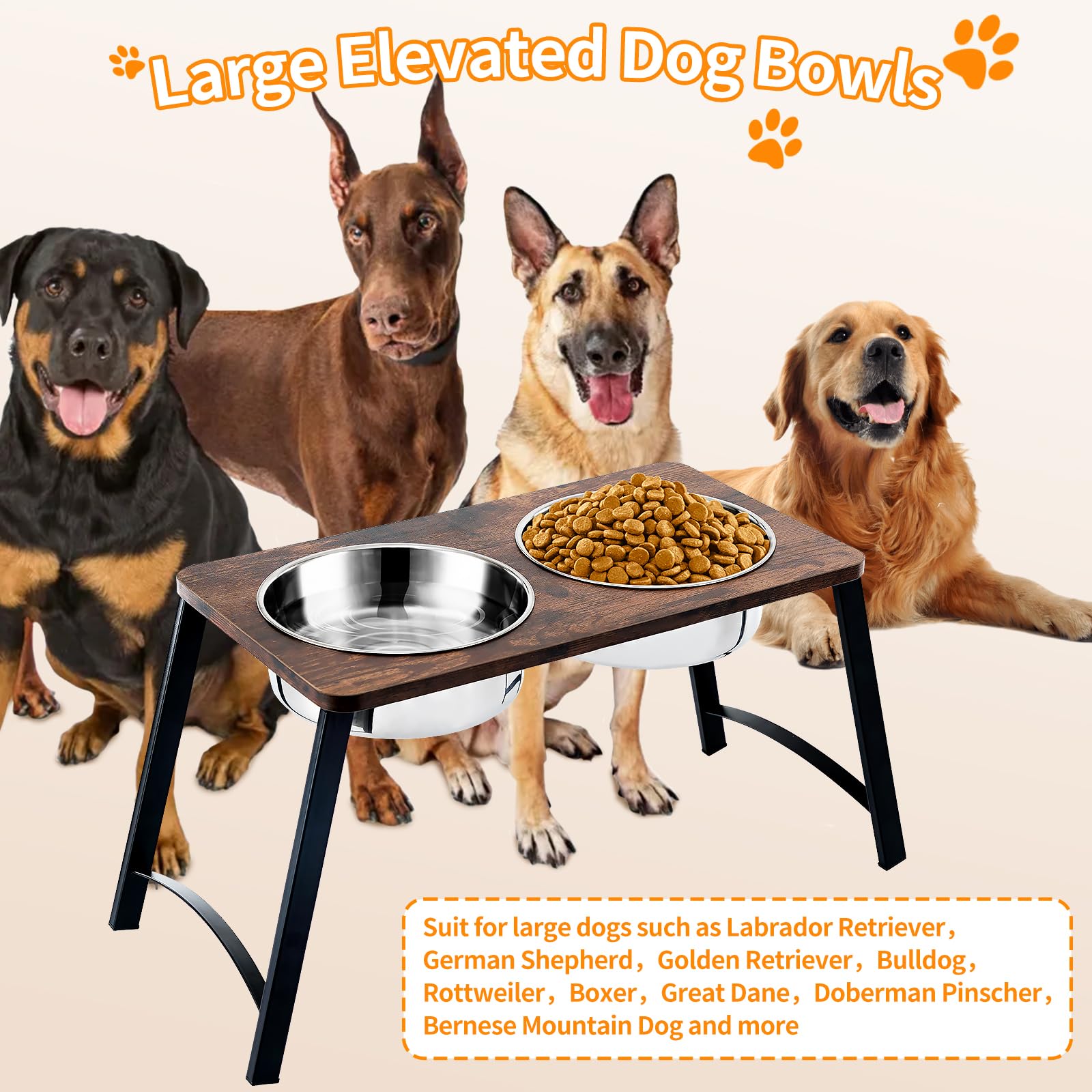 Cuencos elevados de madera para perros grandes y extragrandes, con dos cuencos de acero inoxidable de 3000 ml para alimentos y agua para perros extragrandes, antideslizantes