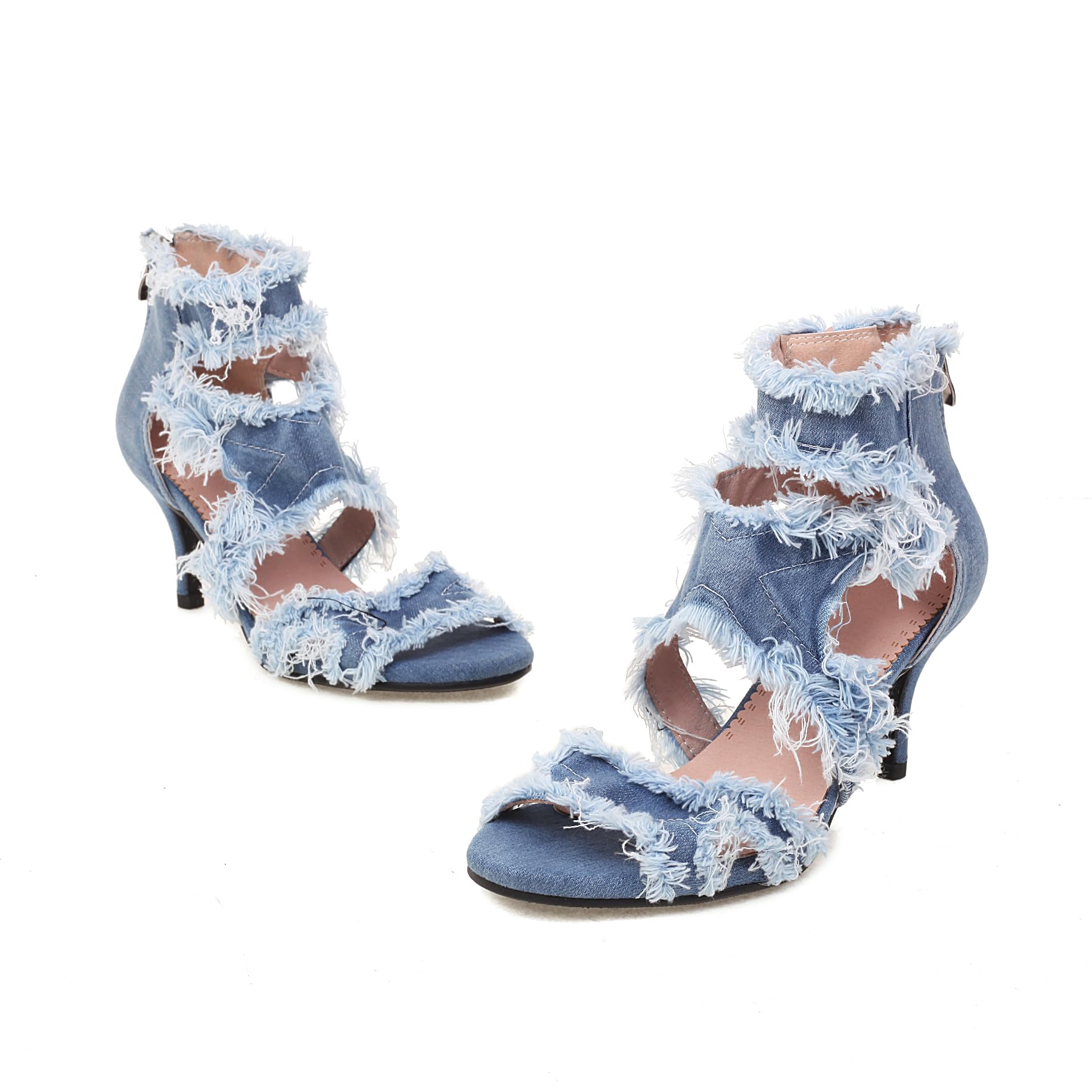 Feinlina Sandali da donna con pizzo aperto effetto denim tacco alto alla moda e comodi con cinturino alla caviglia e tacco a spillo