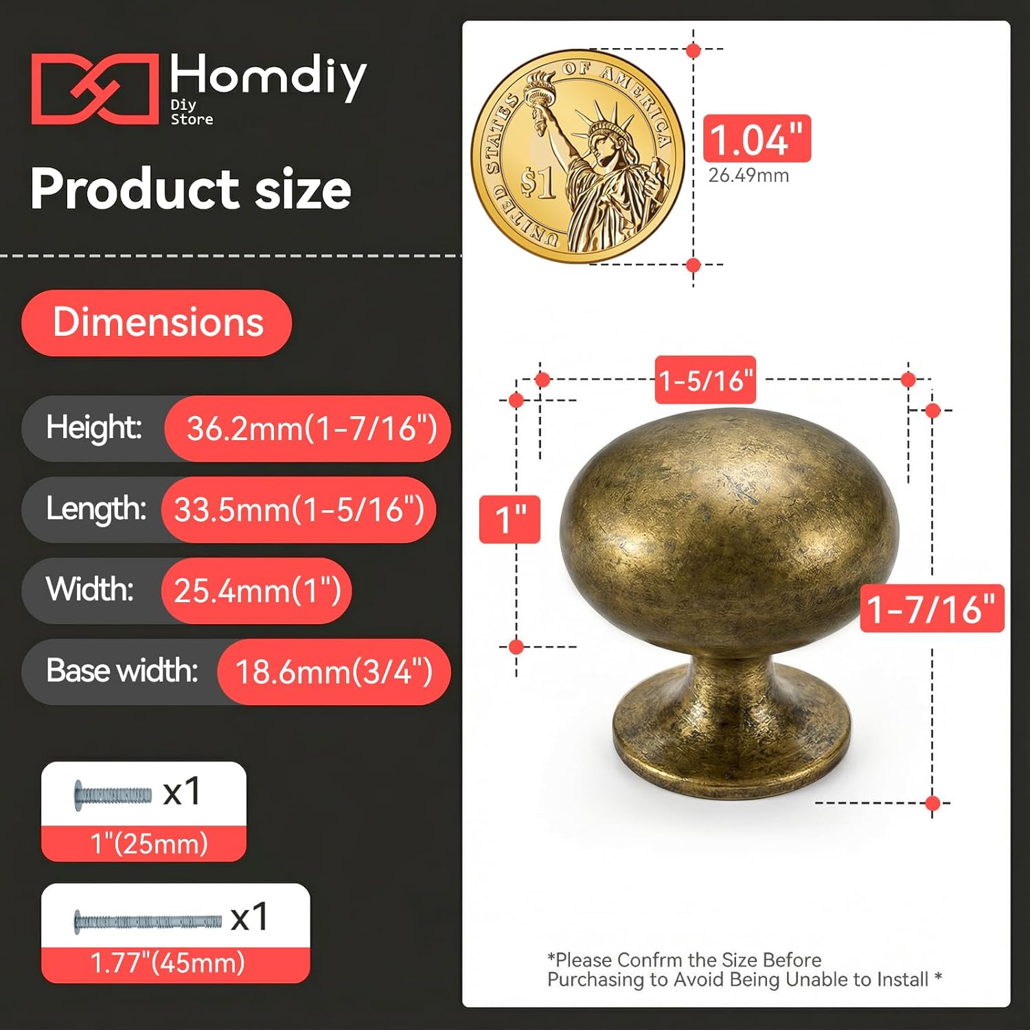 homdiy 20 Pack Antique Brass Cabinet Knobs 1-5/16 inch Oval Antique Brass Drawer Knobs Kitchen Cabinet Handles for Cupboard Dresser