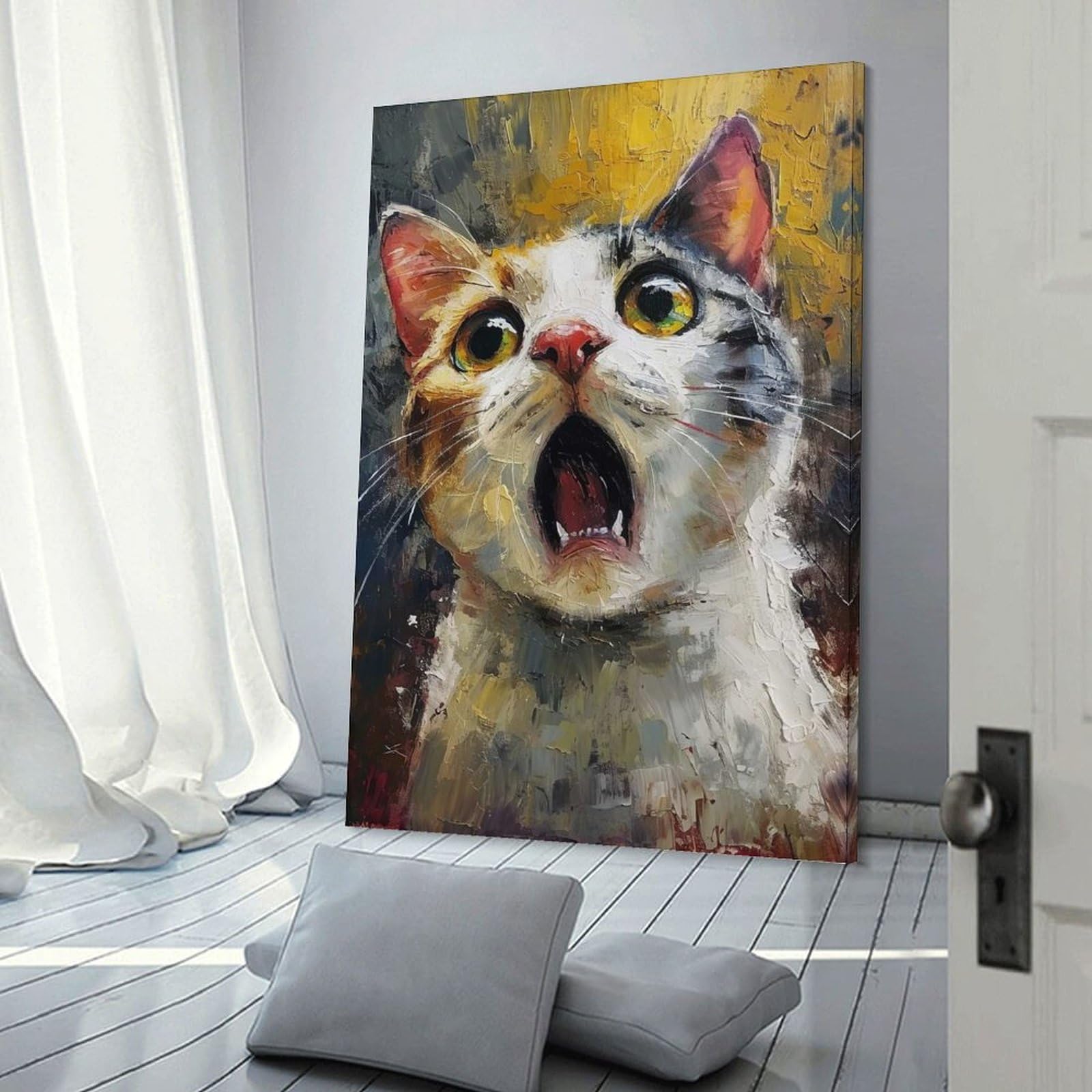 Junmoney Startled Cat Art Canvas Wall Decor, 08x12inch(20x30cm), for Office, Study Or Home Workspace, Wall Art That Adds Style to Work Areas