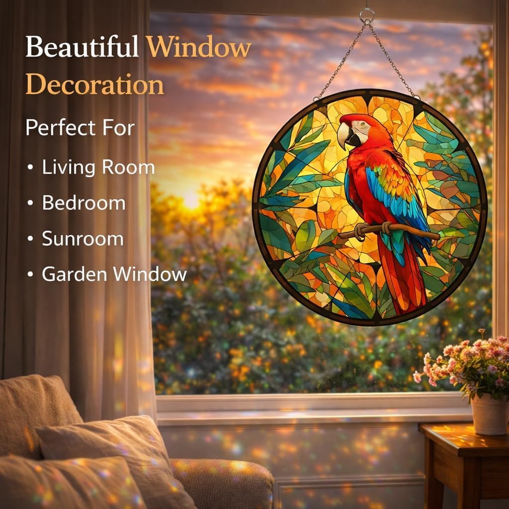 Parrot Stained Glass Suncatcher Window Hanging – Colorful Macaw Bird Stained Glass Sun Catcher with Chain, Rainbow Light Reflection Window Decor for Living Room Bedroom Garden Home (11.8x11.8 inch)