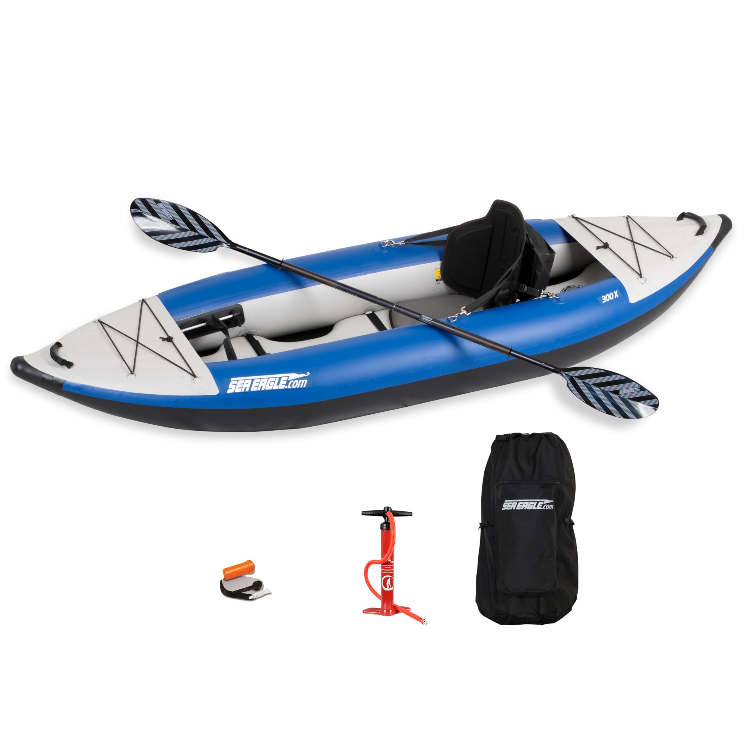 300X Explorer Touring, Camping, Fishing Whitewater Inflatable Kayak, Solo, Self-Bailing, Drop Stitch Floor-Paddle, Seat, Pump, Skeg, Bag