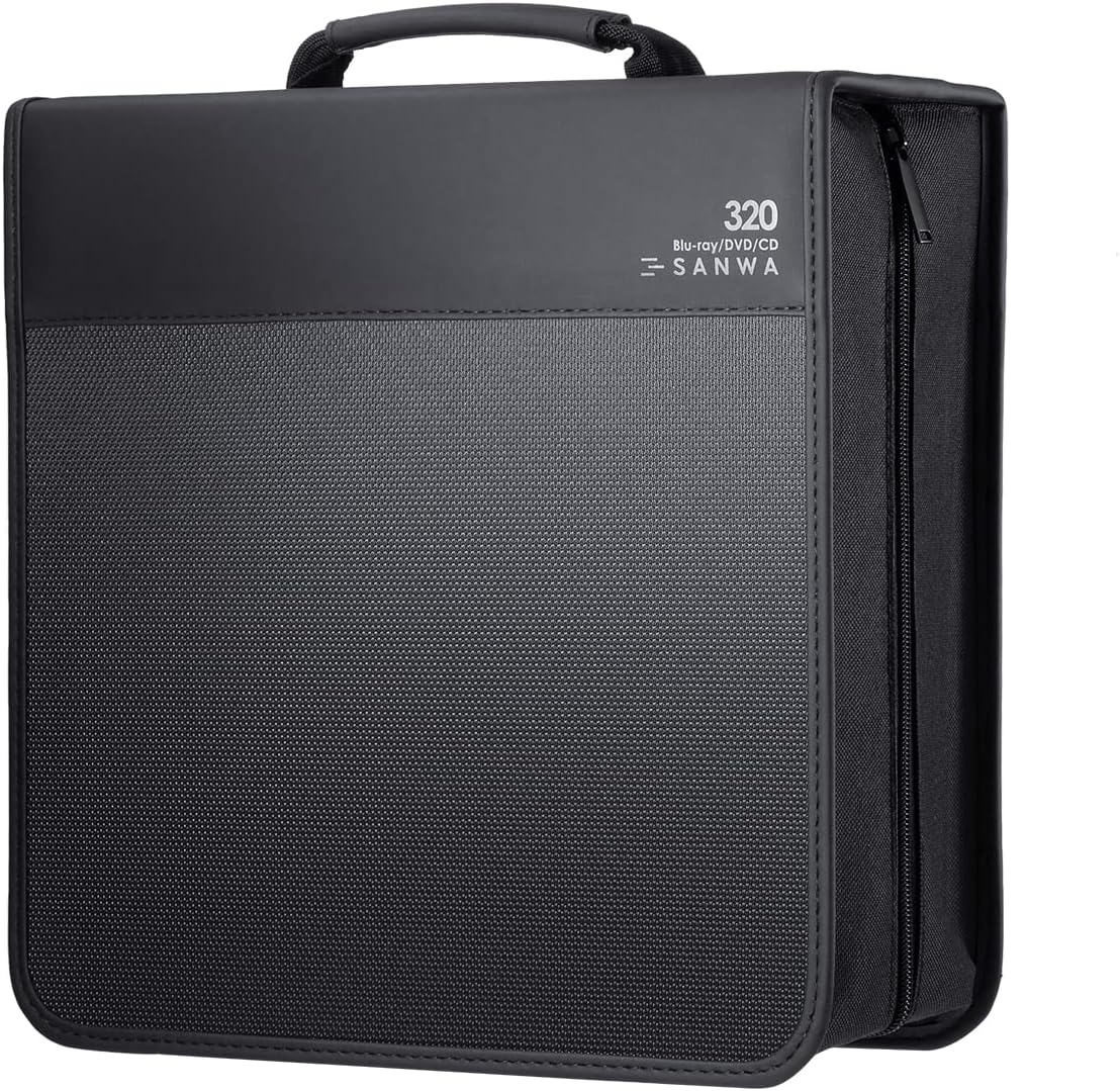 SANWA 320 Capacity CD Case, Blu Ray Case Holder, Movie Music Media Disc Wallet, Hardshell DVD VCD Binder Storage Box, Portable Zipper, EVA Protective Sleeve with Handle, for Car, Home, Office, Black