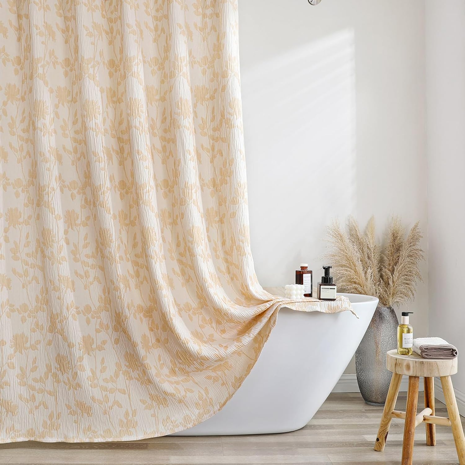 OVZME Gold Flower Shower Curtain 72 Inch Length, Crinkled Textured Thick Bathroom Shower Curtain Hotel Quality, Farmhouse Minimalist Bath Decor, Machine Washable, Gold, 72Wx72L Inches