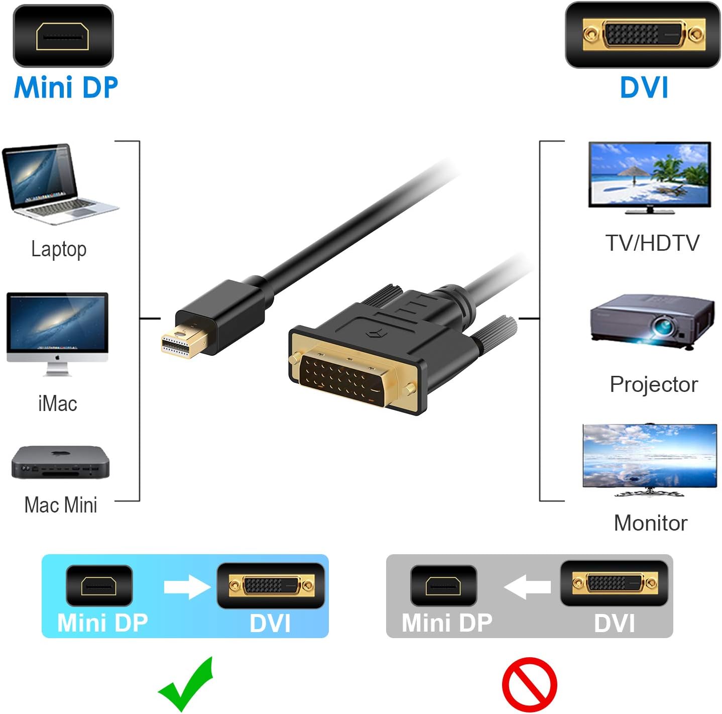 Rankie Mini DisplayPort (Mini DP) to DVI Cable, Thunderbolt Port Compatible, Gold Plated, 3 Feet