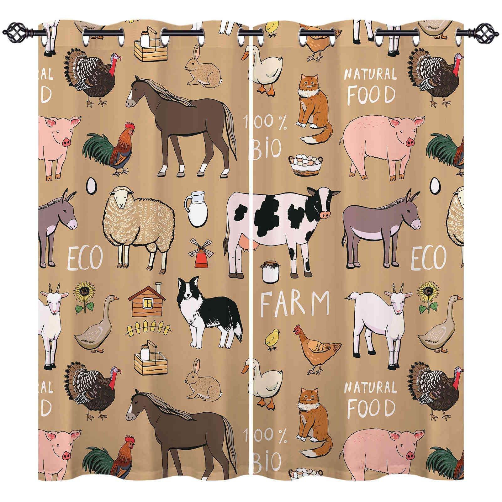 ANHOPE Farm Animal Curtains Eyelet Thermal Insulated Blackout Curtains Cow Sheep Horse Pig Chicken Duck Rabbit Cat Print Pattern Ring Top Drapes for Bedroom Living Room 42 x 63 Inch Drop 2 Panels