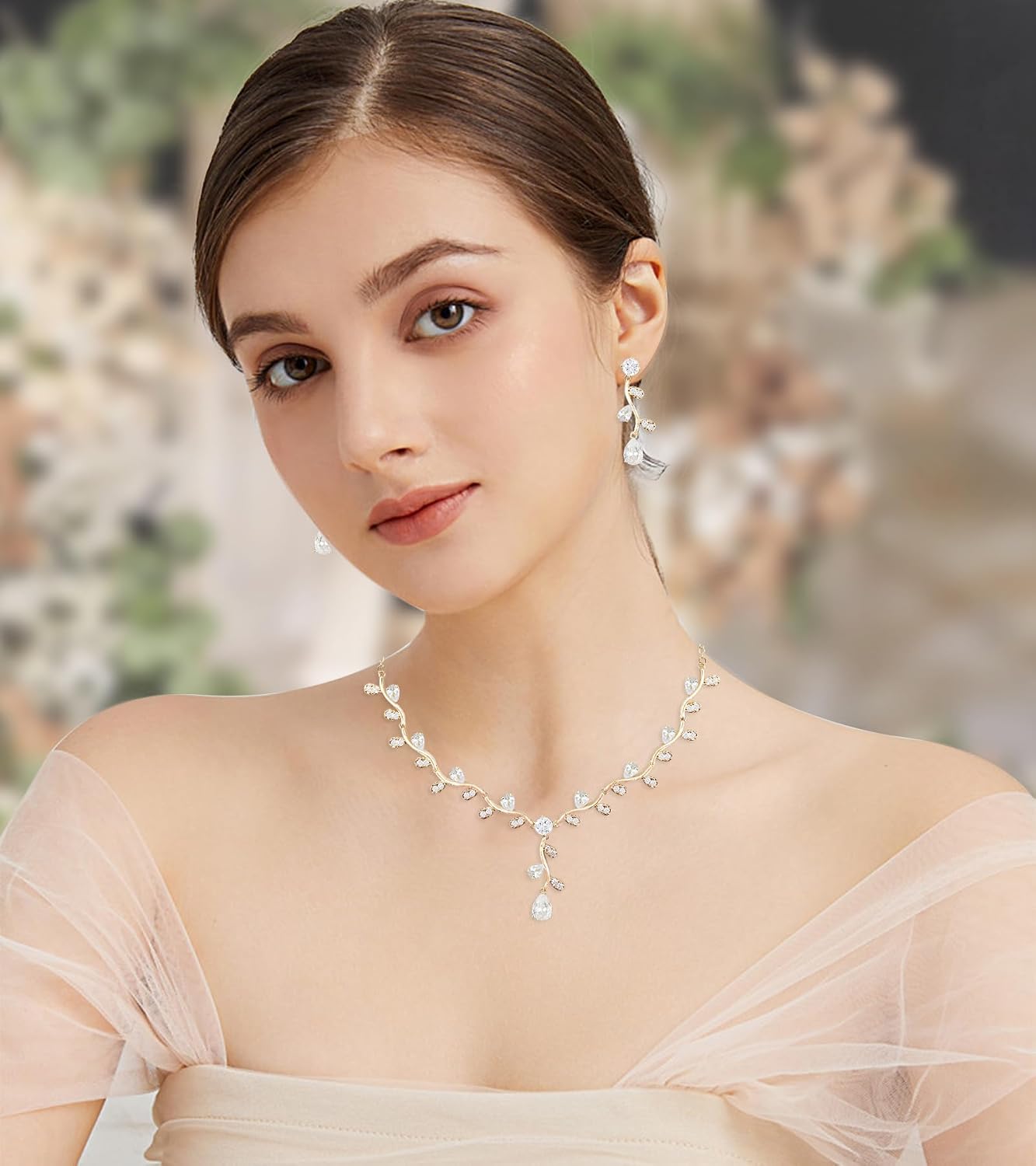 Leaf Vine Cluster Cubic Zirconia Wedding Jewelry Set for Women CZ Bridal Necklace Earrings Bracelet Set Party Jewelry for Bridesmaids