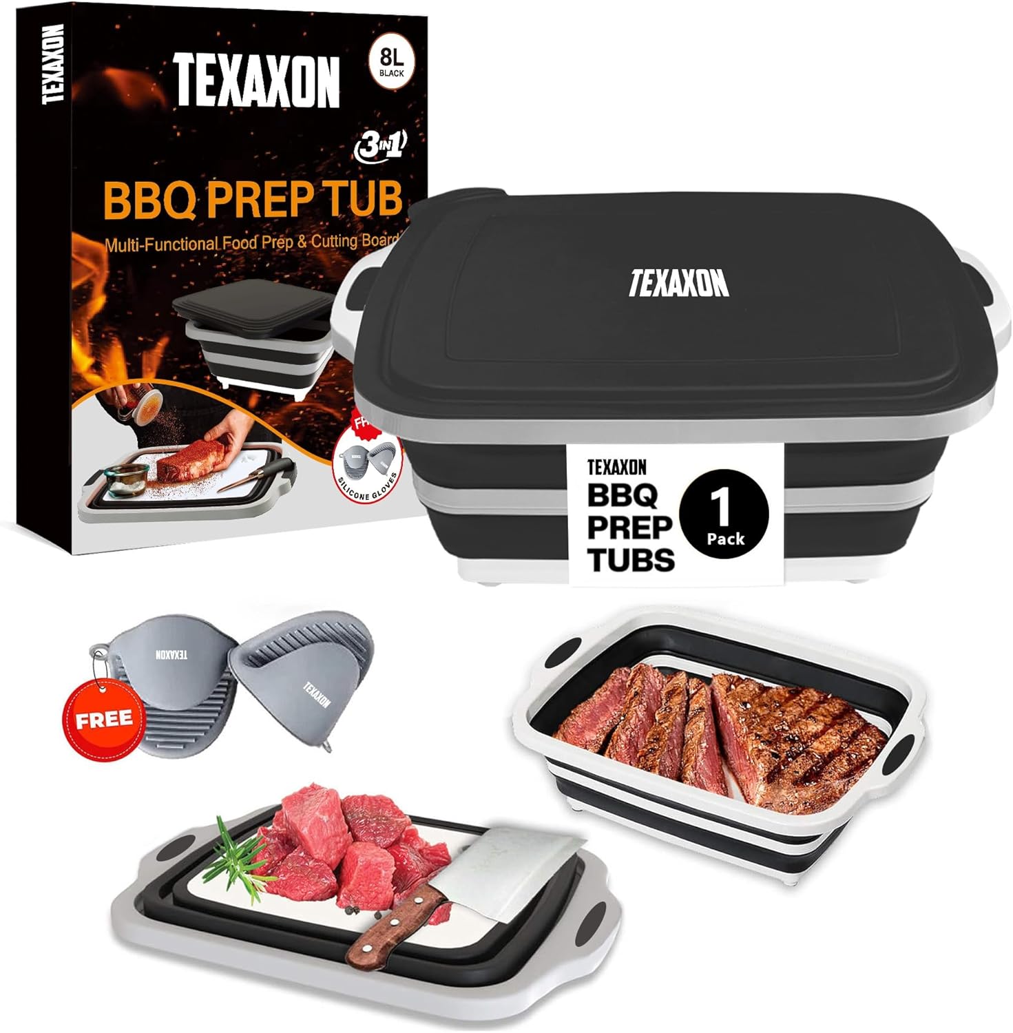 Cubeta plegable para BBQ con tapa y tabla, 8L Negro