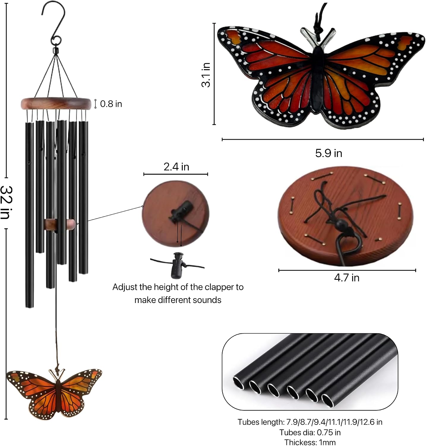 Monarch Butterfly Wind Chimes for Outside - Glass Pendant Hanging Butterfly Decorations- Deep Tone Memorial Windchime for Garden, Porch Decorations - Wind Chimes for Women, Mother's Day, Grandma