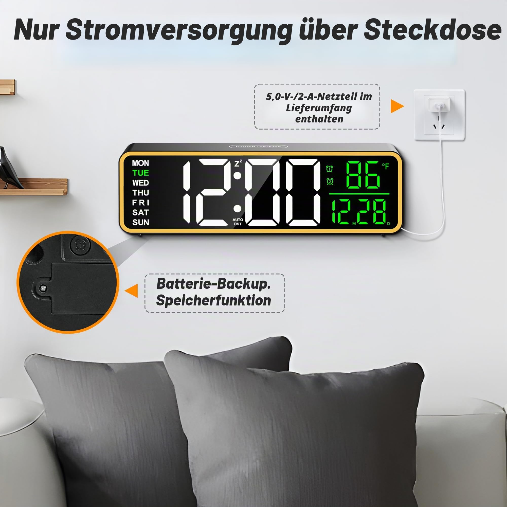 9 Zoll Digitaler Wecker Wanduhr mit Nachtlicht, Dual-Alarm, Snooze und dimmbarer Helligkeit, Temperaturanzeige, 12/24H, Timer, Netzbetrieb mit Batteriepuffer