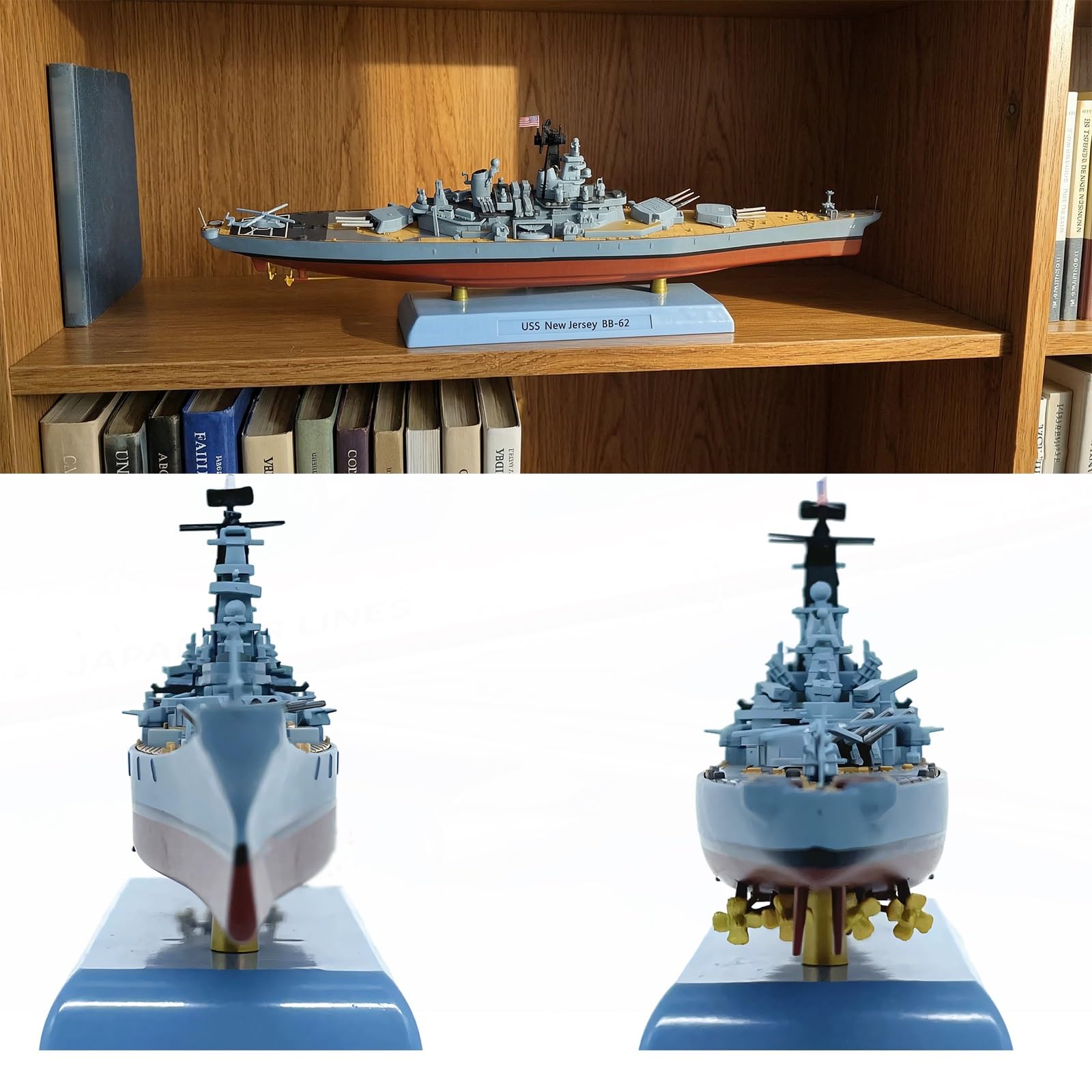 Pancernik USS 1991 New Jersey w skali 1:1000 Wstępnie zmontowany model ze stopu ze stojakiem i podstawą wodną – prezent dla kolekcjonerów wojskowych na biurko, półkę lub gablotę(B)