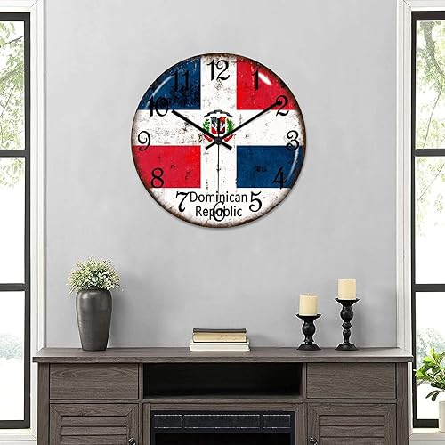 Miniatura 6 de Reloj redondo de madera con bandera de República Dominicana, reloj de pared de 10 pulgadas, silencioso, sin tictac, funciona con pilas, para