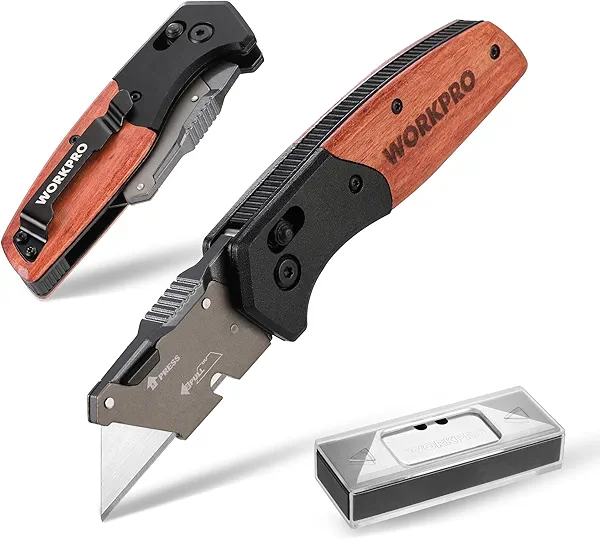 WORKPRO Folding Utility Knife, Razor Blade Knife with Axis Lock, Quick Change Box Cutter, EDC Wood Handle Foldable Pocket Cutter, Extra 10PC SK5 Blades Included