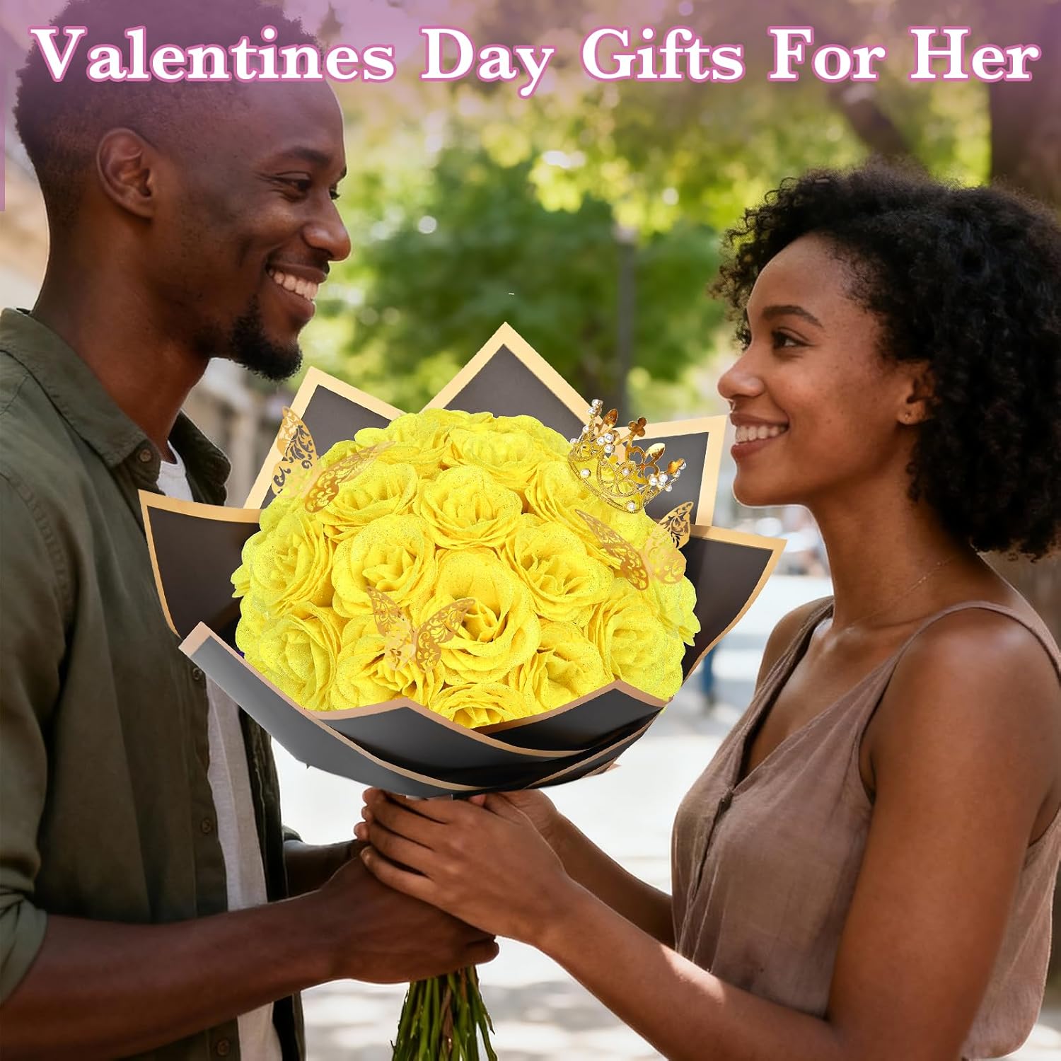 Waipfaru Yellow Glitter Roses Bouquet, DIY Flowers Bouquet, Birthday Gifts for Women Mom Grandma Wife Girlfriend, 24 Pcs Fake Rose for Valentines, Mothers Day, Anniversary, Graduation Gifts - Image 2