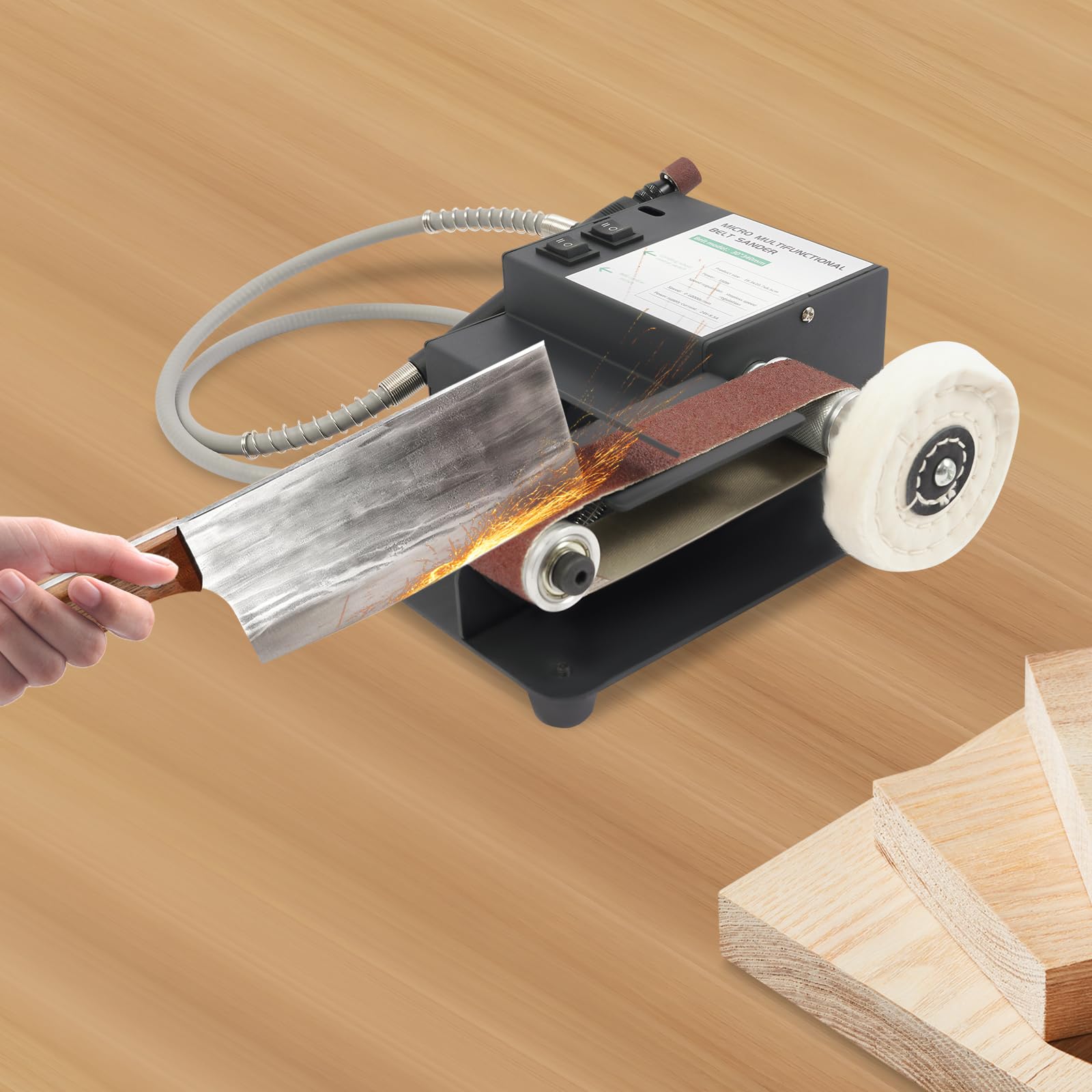 Lijadora de banda de 350 W, con 10 bandas de lijado y adaptador de red, velocidad 0-10.000 rpm, para bandas de lijado de 30 x 340 mm