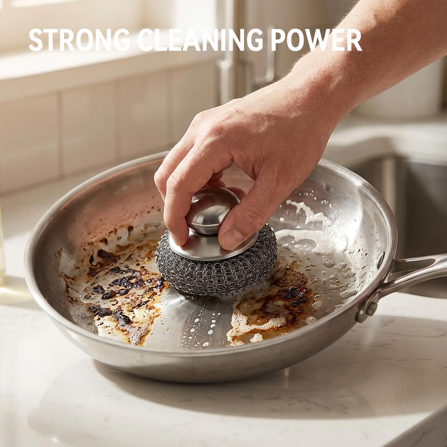 5 Pcs Steel Wool Scrubber with Handle: Stainless Steel Scrub Set for Cast Iron Scouring Stubborn Messes from Cast Iron, Pots, Pans, Grill, Stoves, Sink (1 Scrubber + 5 Pads) image 5