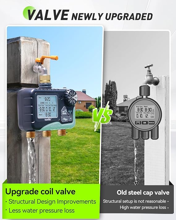 RAINPOINT Water Timer 3 Outlets with Brass Inlet and Outlet, Automatic prinkler Timer with Rain Delay/Manual Watering/large LCD display, Garden Smart Irrigation Time for Yard, Lawn