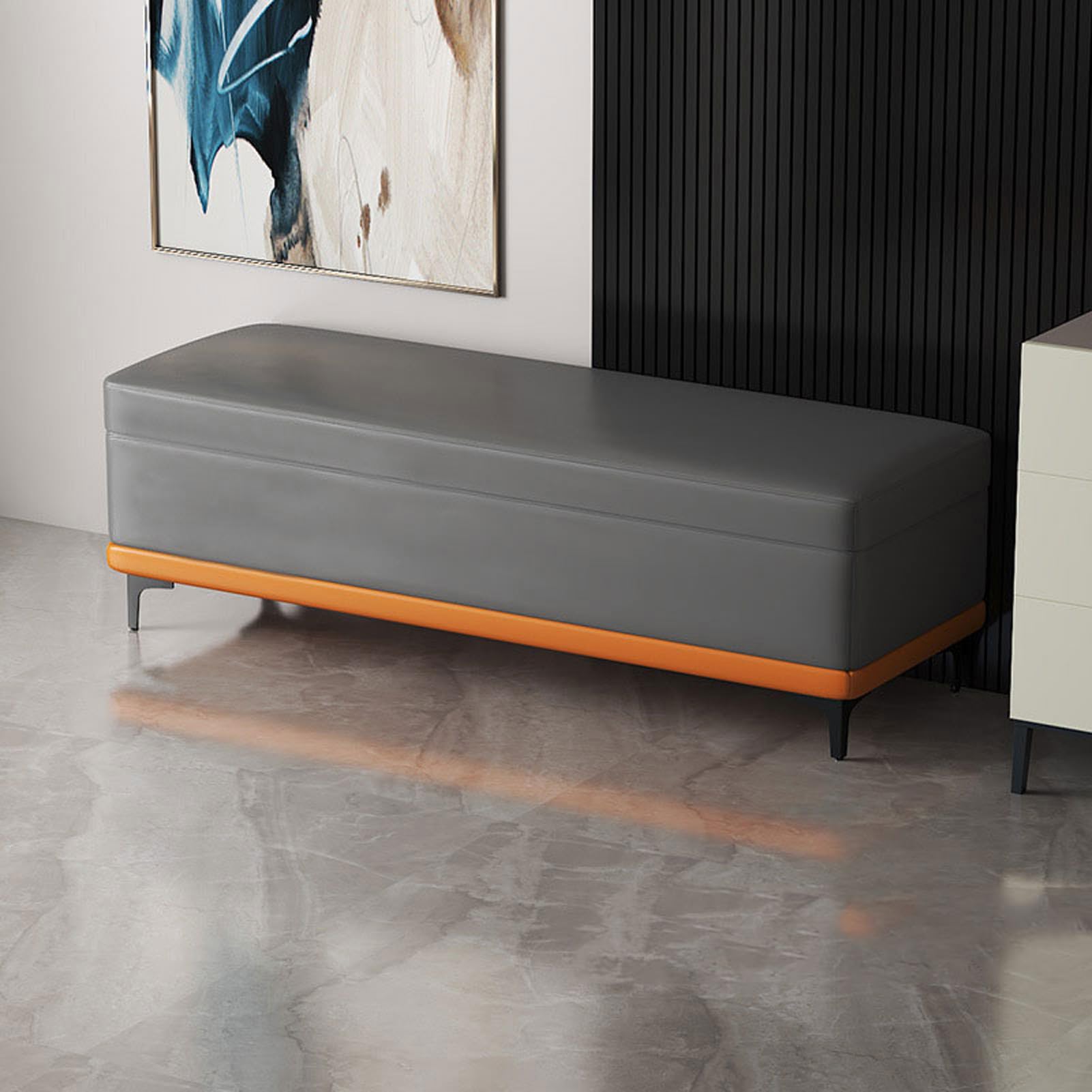 Dressing rangement raffiné avec cadre en acier et assise capitonnée faux cuir
