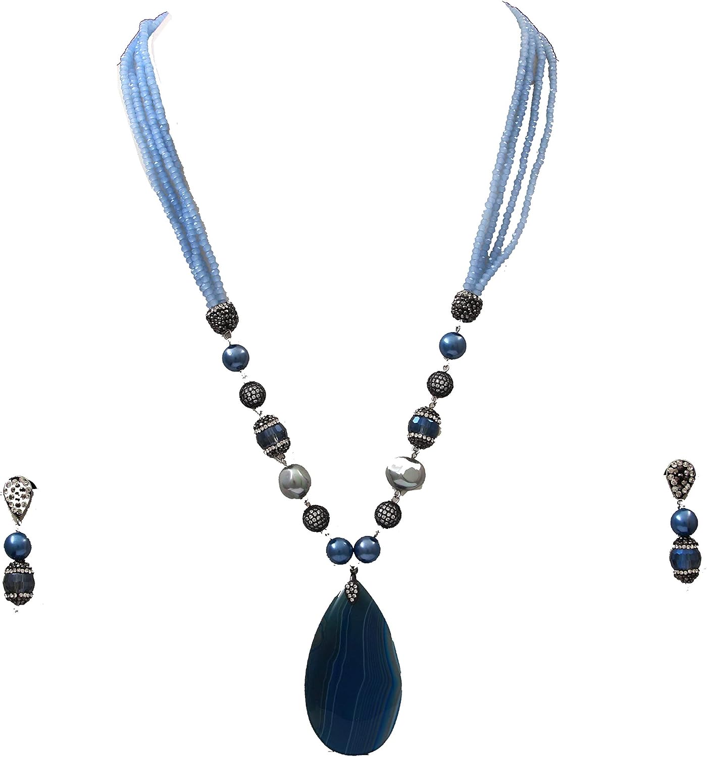 Fancy Pendant Necklace Earrings Set Gemstone Beaded Single or Multi Strand Chain Mala Kantha Unique Designer Fashion Jewellery for Women Girls Ladies