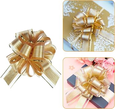 6 Inch 12 Pack Large Pull Bow Gift Wrapping bows, Ribbon Pull Bows for Wedding Gift Baskets, Party Gift Wrap Bows, Presents Decorating Bows to Wrap Box or Decoration (Gold)