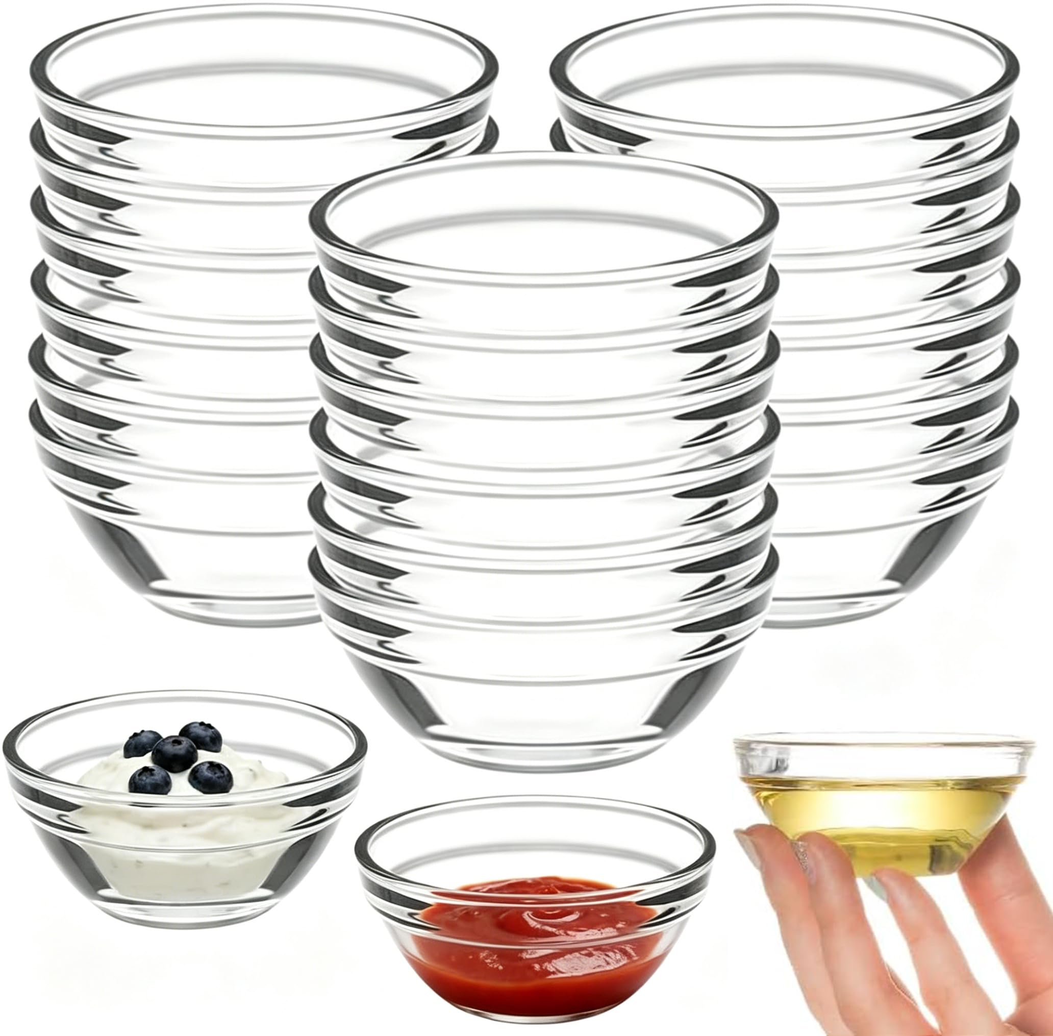 YBCCBY 24 Pack Mini Glass Bowls, 45ml Small Glass Bowls Round Dipping Bowl Clear Small Prep Bowl Round Serving Condiment Pots Mini Sauce Dishes Reusable Dips Serving Jam