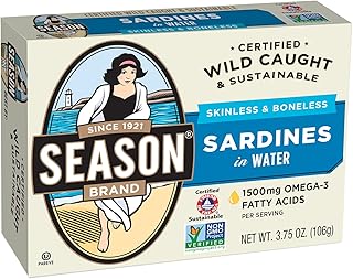 Season Sardines in Water – Skinless & Boneless, Wild Caught, 22g of Protein, Keto Snacks, More Omega 3's Than Tuna, Kosher, High in Calcium, Canned Sardines – 3.75 Oz Tins, 12-Pack