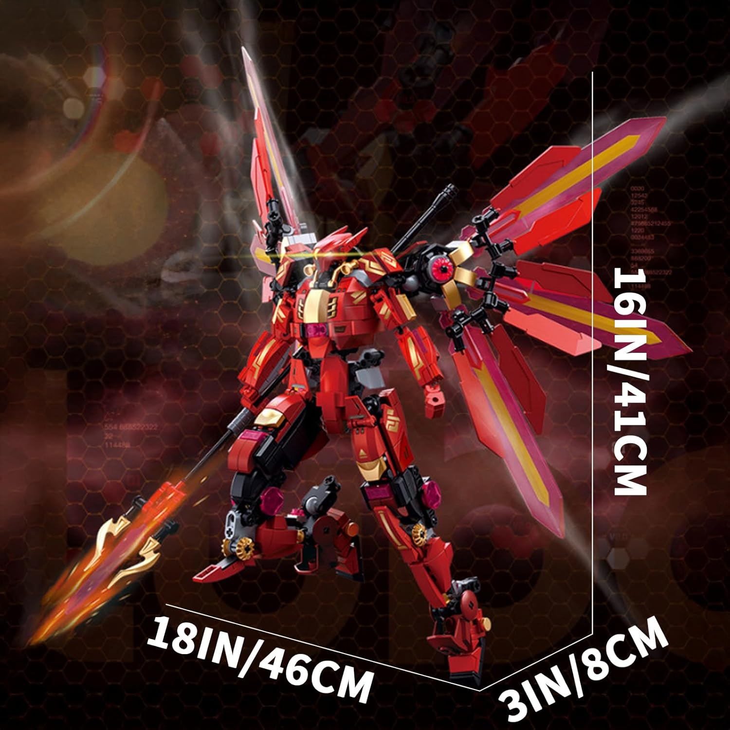 Red Mecha Building Set 511 Pieces Winged Robot Action Figure with Halberd Weapon Fully Articulated Warrior Construction Toy, Collectible Anime Model Kit Gift for Adults Teens