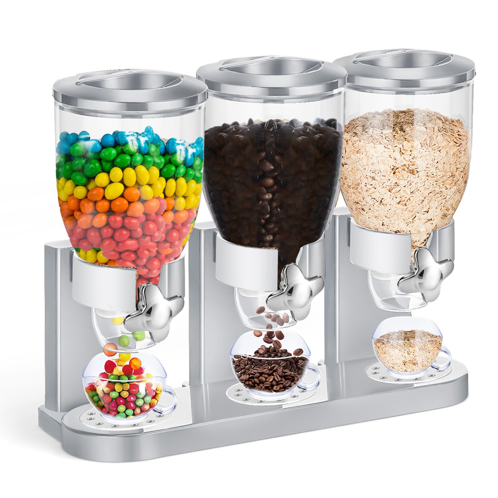 Umigy 1 Pack Triple Indispensable Candy Dispenser Dry Food Dispenser Cereal Container for Storage Preserving Dispensing Kitchen Rice Nuts Granola Snack Gumball Countertop (Silver)