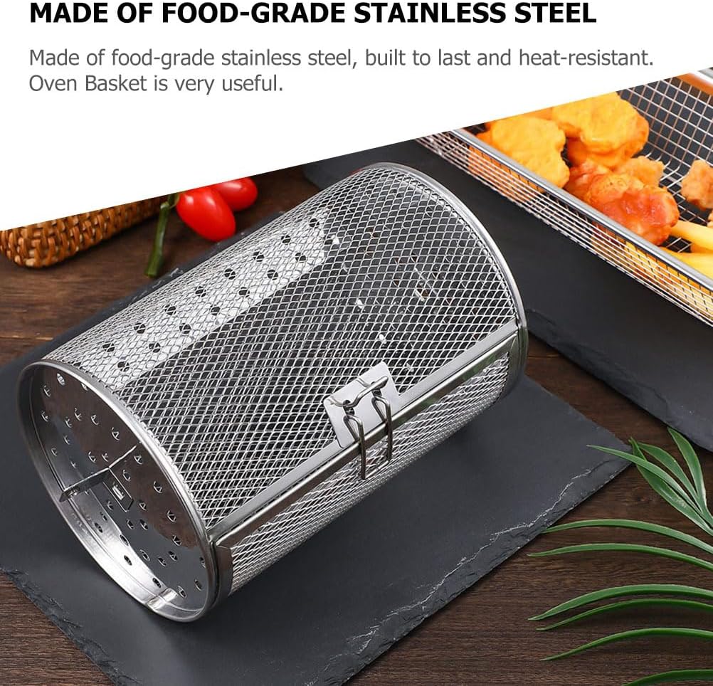 Hemoton Stainless Steel Rotating Grill Basket 7.08X5.51 Inch Oven Roaster Drum Air Fryer Basket for Nuts Meat and Vegetables Rotisserie Cooking