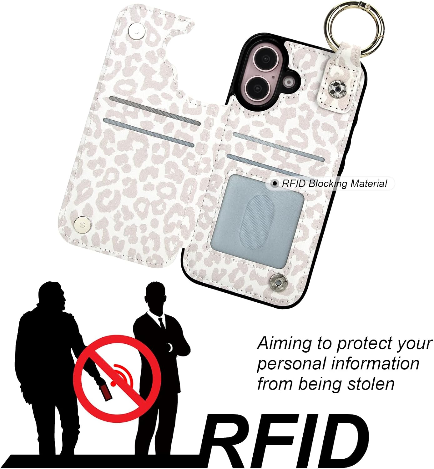 HAOPINSH for iPhone 16 Wallet Case with Card Holder, White Leopard Cheetah Print Back Flip Folio PU Leather Kickstand Card Slots Case, Finger Grip Ring Double Magnetic Clasp Shockproof 6.1"