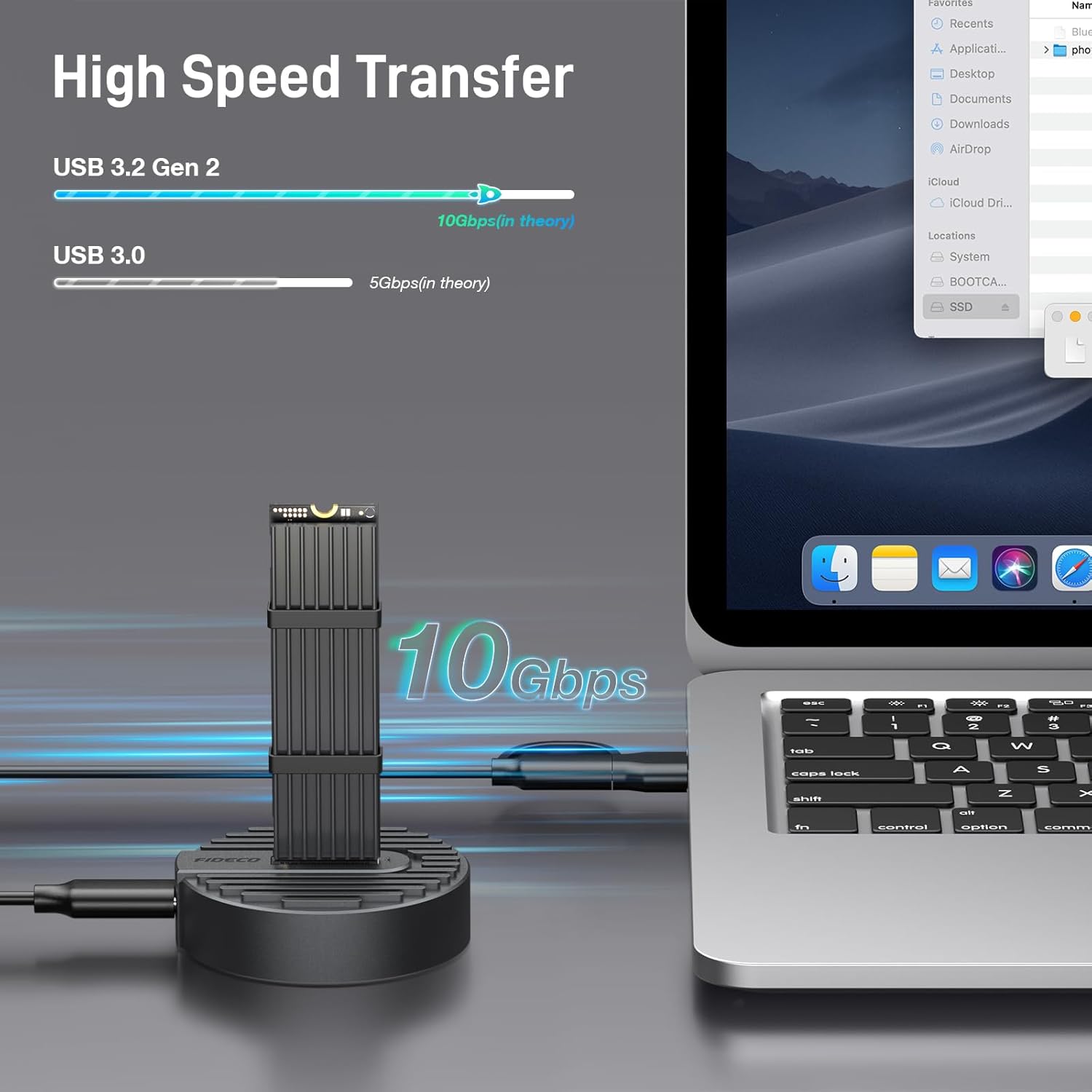 Image demonstrating 10Gbps high-speed data transfer with an SSD in the FIDECO adapter connected to a laptop