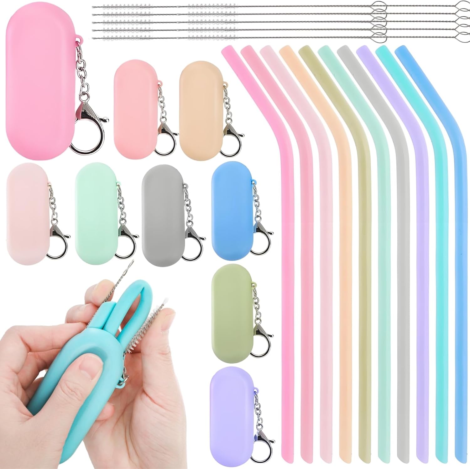 10 Sets Silicone Straws with Case, Collapsible Angled Drinking Straw