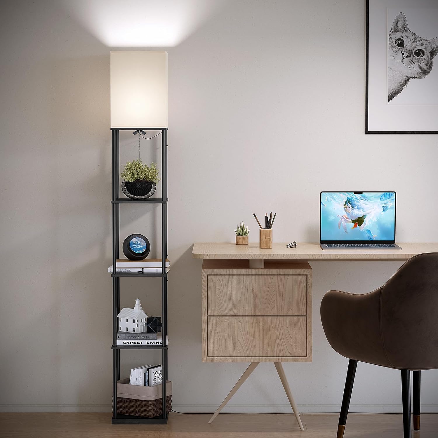 SUNMORY 5 Tier Floor Lamp with Shelves, Modern Square Standing Lamp with 3 Color Temperature Bulb, Corner Display Bookshelf Lamp for Living Room and Bedroom, Tall Shelf Floor Lamp